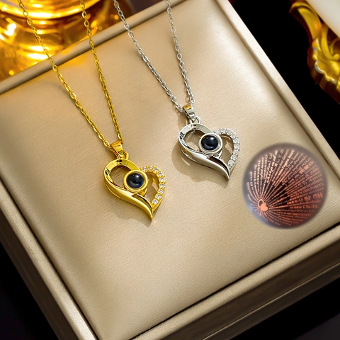 Hart Hanger Ketting Titanium Staal Meerdere Talen Ik Hou Van Je Projectie Steen Zirkoon Strass Sieraden Voor Vrouwen