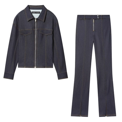 Giacca Di Denim E Pantaloni A Vita Alta Con Spacco Da Donna Vestibilità Aderente Manica Lunga Cerniera Casual Blu Scuro