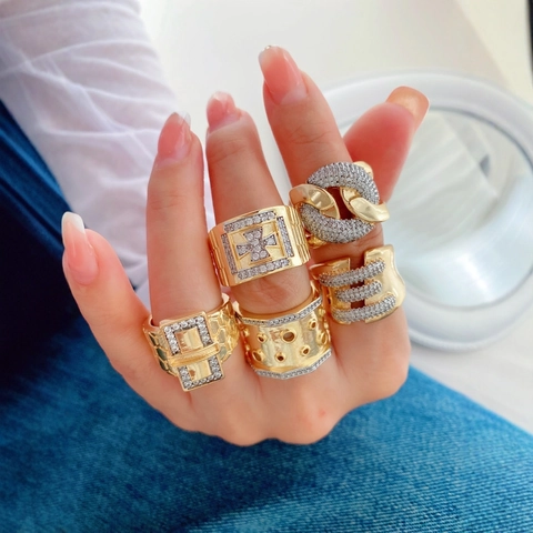 Luxury Copper Gold Plated Rhinestone Rings Wide Band Geometric Cross Chain Open Adjustable Ring For Women Men Jewelry