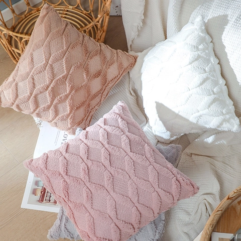 Plush Decorative Pillow Cover Faux Fur Soft Geometric Diamond Pattern Square Cushion Case For Sofa Couch Bedroom Home Decor
