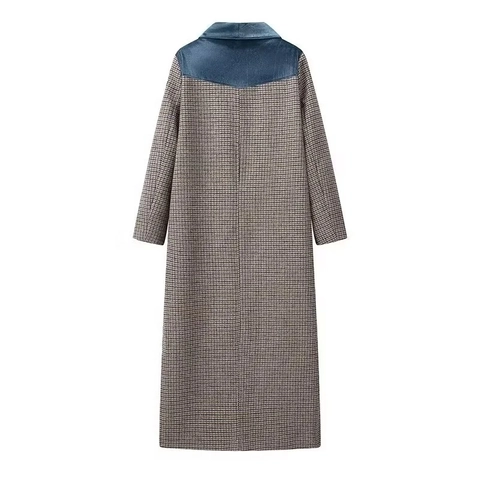 Cappotto Lungo Da Donna Con Motivo Pied De Poule E Revers In Velluto A Contrasto Stile Britannico Retrò Giacca Bottoni