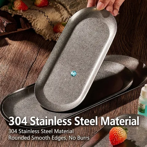 Oval Serving Plate 304 Stainless Steel Frosted Matte Snow Grey Vintage Industrial Style Kitchen Tableware Tray