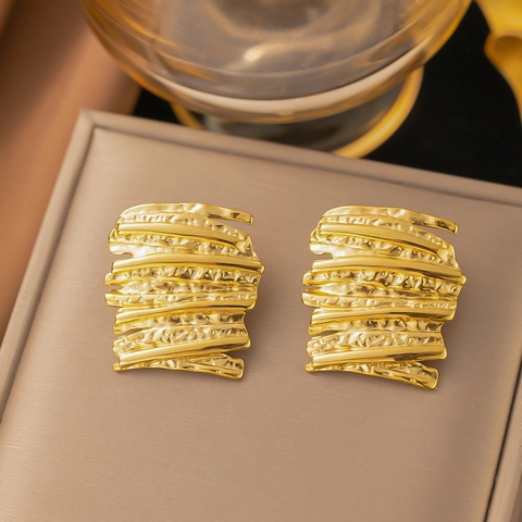 Hammered Stud Earrings For Women 18K Gold Plated Copper Irregular Rectangular Folded Design Modern Minimalist Jewelry