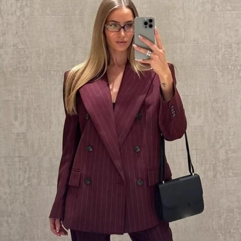 Blazer In Poliestere Doppio Petto E Pantaloni Da Donna Borgogna A Righe Manica Lunga Business Casual Stile Britannico Ufficio
