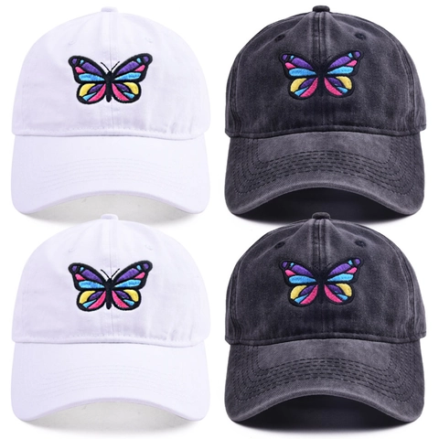 Butterfly Embroidery Baseball Cap Washed Cotton Distressed Vintage Sun Hat Adjustable Unisex
