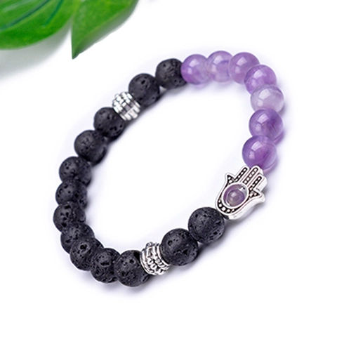 Bracciale a Mano con Perline di Pietra Vulcanica Lavica Realizzato a Mano Pietra Naturale Curativa Hamsa Hand Charms Gioielli Etnici