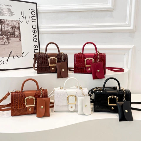 Sac à Main pour Femme à Motif Crocodile en Cuir PU Avec Mini Pochette Boucle Dorée Sac à Bandoulière Retro Satchel