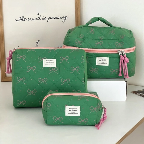 Quilted Green Makeup Bag Cotton Portable Bow Print Cosmetic Pouch Zipper Toiletry Organizer Cute Travel Aesthetic Case Women