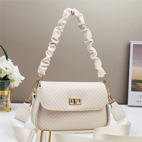 Women Quilted PU Leather Shoulder Bag Pleated Handle Wide Strap Rhombic Pattern Crossbody Small Square Handbag