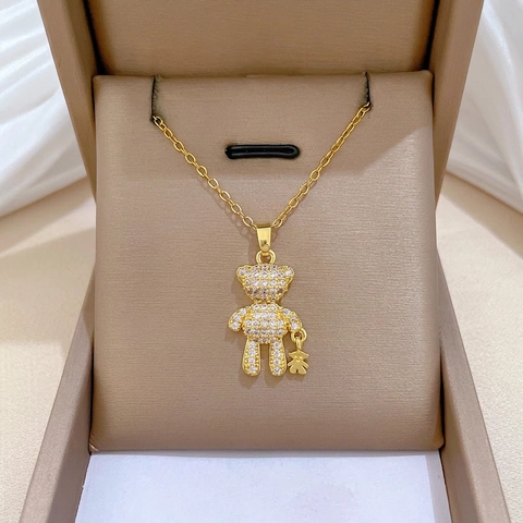 Teddybeer Met Kleine Beer Hanger Ketting Roestvrijstalen Ketting Koper Zirkoon Plaveisel Luxe Sieraden Voor Dames