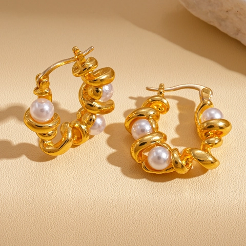 Orecchini A Cerchio Torsione In Lega Con Künstliche Perle Sintetiche Geometrici A Forma Di U Color Oro Per Donna