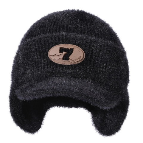 Berretto In Maglia Invernale Con Paraorecchie E Visiera Peluche Spesso Pelliccia Sintetica Caldo Antivento Etichetta In Pelle Unisex