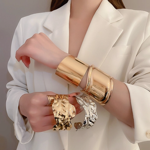 Brede Manchet Armband Legering Open Spiegelglans Geplooid Gehamerd Geometrisch Minimalistisch Mode Armring Voor Vrouwen Trendy Sieraden