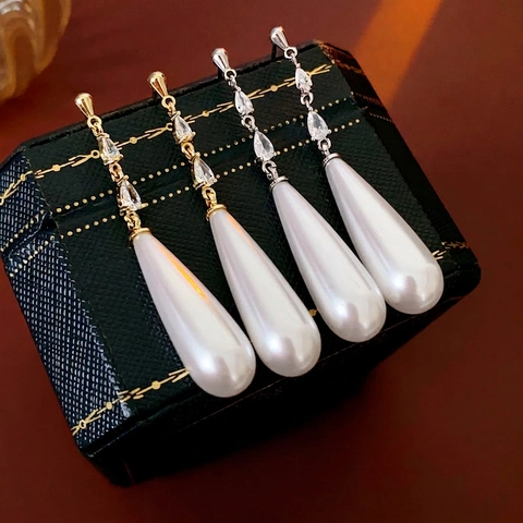 Orecchini Pendenti Con Künstliche Perle A Goccia D'acqua Con Perno In Argento Rame Zircone Nappa Placcato Oro 14K Eleganti