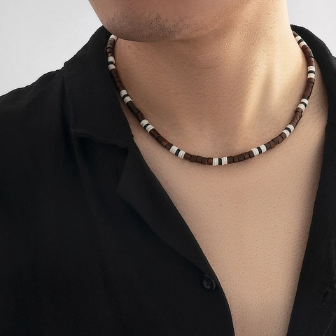 Men Beaded Necklace Wood Beads Polymer Clay Bohemian Ethnic Beach Handmade Adjustable Neck Jewelry For Him