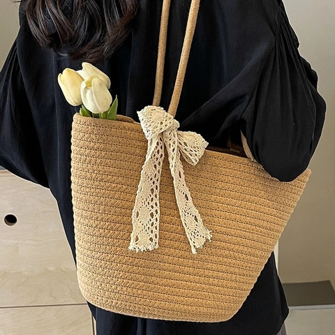 Handwoven Tote Bag Cotton Rope Large Capacity Lace Bow Flower Decoration Vacation Beach Shoulder Handbag Korean Style