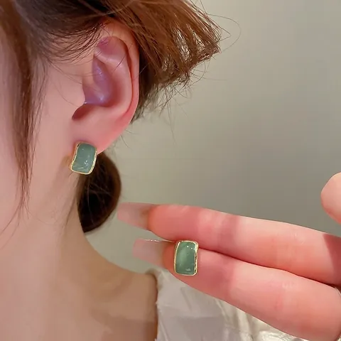 Pendientes De Botón Cuadrados Geométricos Aleación Esmalte Retro Elegante Joyería Diaria Para Mujeres Con Silver Earring Post
