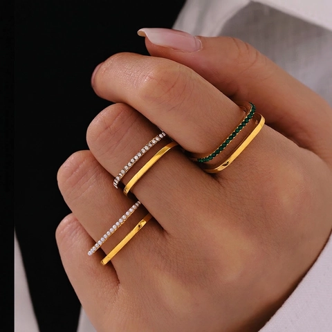 Minimalist Square Zircon Shell Artificial Pearl Open Rings Layered Stainless Steel Gold Plated Adjustable Fashion Jewelry Women