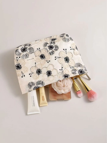 Florale Bestickte Kosmetiktasche Vintage Baumwolle Leinen Jacquard Stoff Reise Kulturbeutel Tragbare Clutch