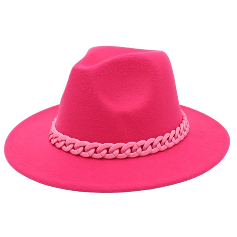 Wide Brim Wool Felt Fedora Hat With Pink Acrylic Chain Decoration Elegant Jazz Style Fashion Accessory For Women