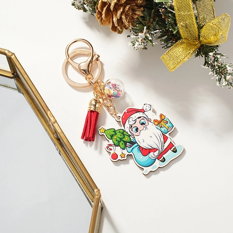 Cartoon Weihnachtsmann Schlüsselanhänger Acryl Legierung Rentier Tasche Anhänger Rote Quaste Pailletten Feiertag Geschenk Party Zubehör