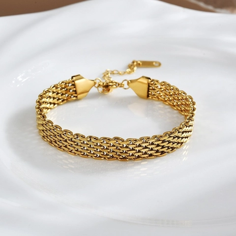 Pulsera Collar Trenzado De Malla De Acero Inoxidable Cadena De Serpiente Plana Chapado En Oro Joyería Ajustable Unisex