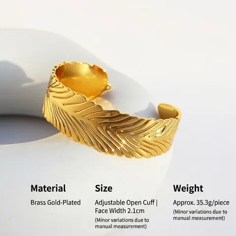Bracciale Rigido Aperto Piuma Foglia Ottone Placcato Regolabile Gioielli Per Donne Stile Punk Gotico Accessorio Di Moda
