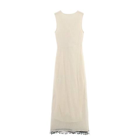 Vestito Maxi In Maglia A Rete Senza Maniche Intagliato Nappe Paillettes Fiocco Schiena Vacanza Elegante Spiaggia Donna Crema