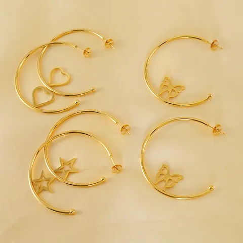 Stainless Steel Hoop Earrings 18K Gold Plated Hollow Heart Star Butterfly Pendants Geometric Elegant Jewelry Women