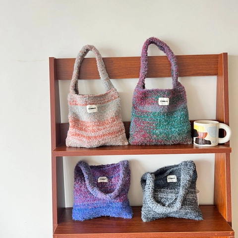 Knitted Handbag Gradient Color Polyester Knit Shoulder Bag Large Capacity Casual Niche Design Versatile For Women