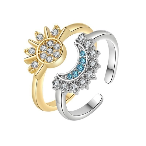 Hemelse Zon Maan Verstelbare Open Ringenset Voor Dames Goud Zilver Zinklegering Ingelegde Sieraden Ketting Armband