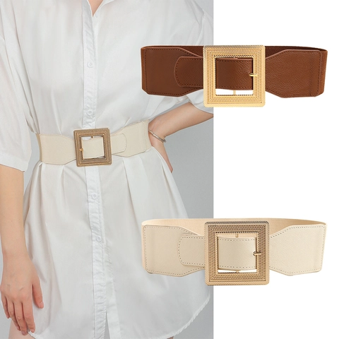 Women Fashion Wide Corset Belt Elastic Stretch Waistband With Square Metal Buckle PU Leather Waist Belt For Dress