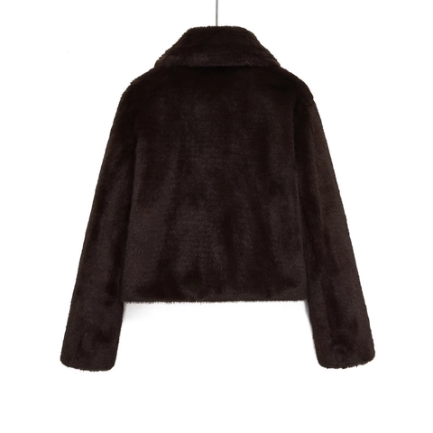 Women Casual Faux Fur Jacket Thick Warm Solid Dark Brown Lapel Long Sleeve Zipper Coat Outwear Street Style For Winter