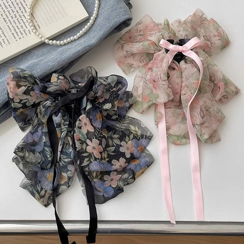 Grote Haarklem Met Strik Bloemen Chiffon Elegant Lang Lint Zoete Haaraccessoires Voor Dames