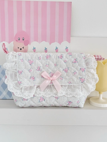 Pink Rose Floral Quilted Cotton Crossbody Bag Sweet Kawaii Heart Pattern Lace Trim Bow Decor Shoulder Strap Square Purse