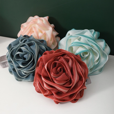 Rose Flower Shape Bath Ball Shower Sponge PE Mesh Loofah Body Cleaning Rich Lathering Soft Pouf With Hanging Ribbon