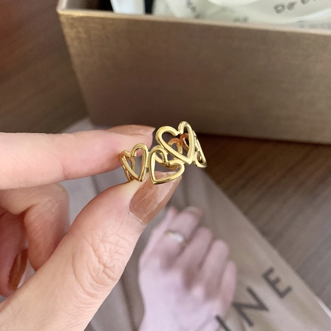 Hollow Heart Open Adjustable Ring Stainless Steel Gold Plated Vintage Wide Band Finger Jewelry For Women