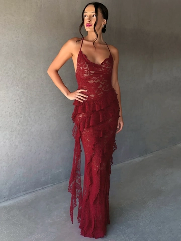 Lace Halter Maxi Dress For Women Backless V-Neck Irregular Ruffle Hem Sexy Sleeveless Evening Party Clubwear