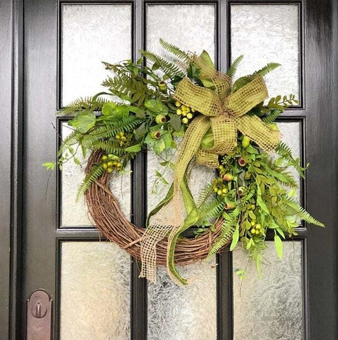 Artificial Green Plant Wreath Grapevine Base With Fern Leaves Berries Burlap Bow Farmhouse Style Front Door Decoration