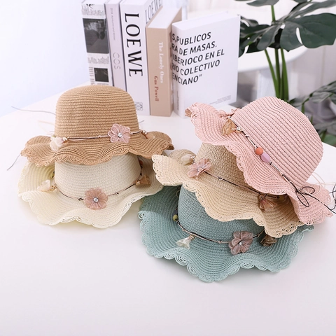 Kids Girls Straw Hat And Matching Bag Wavy Brim Sun Protection Flower Decor Summer Beach Travel Princess Style