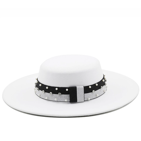 Elegant Flat Top Boater Hat With Artificial Pearl Rhinestone Band Wide Brim Felt Fedora For Women Wedding Party Travel