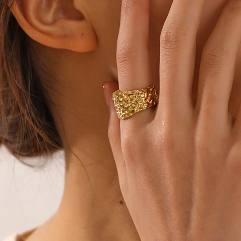 Anillo Abierto Textura Martillada Acero Inoxidable Chapado Oro 18K Ajustable Geométrico Irregular Joyería Minimalista
