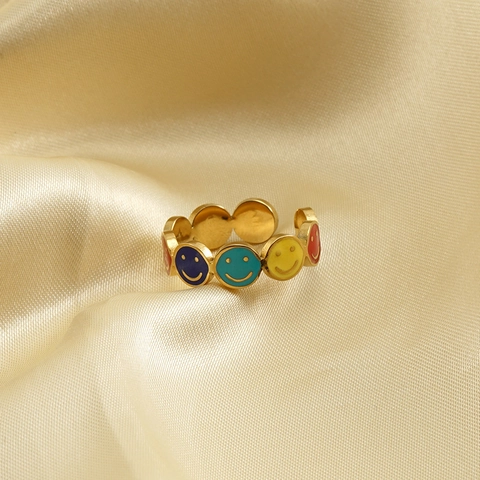 Anello Aperto Regolabile Acciaio Inossidabile Placcato Oro 18K Smalto Colorato Faccina Sorridente Gioielli Moda Stile INS Donna