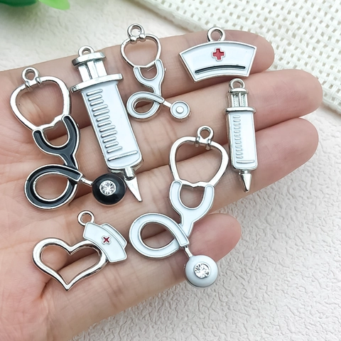 Medical Enamel Charms Zinc Alloy Stethoscope Syringe Nurse Hat Pendants For DIY Jewelry Making Rhinestone Heart Accessories Cartoon Gift