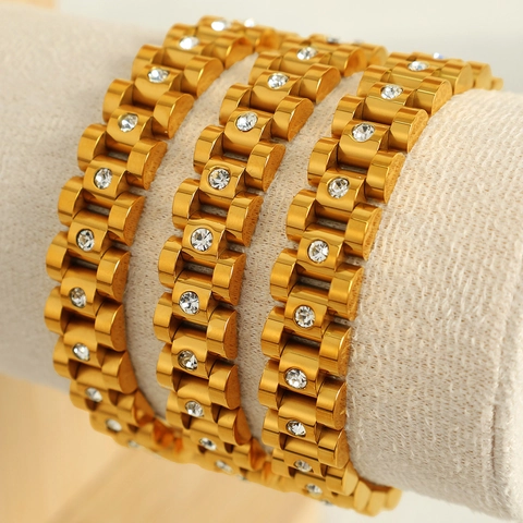 Bracciale A Maglia Di Orologio In Acciaio Inossidabile Con Strass Placcato Oro 18K Gioielli Di Lusso Stile Presidenziale