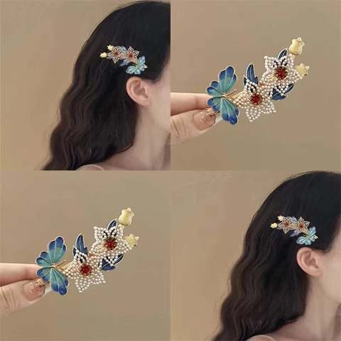 Molletta Per Capelli Vintage Farfalla Fiore Smalto Blu Lega Perla Artificial Stile Cinese Retrò Forcina Per Donne Accessorio