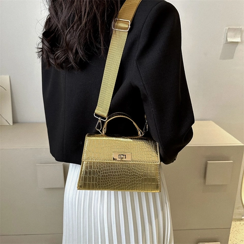 Women Crocodile Pattern Shoulder Bag PU Leather Retro Square Handbag Wide Fabric Strap Golden Metal Lock