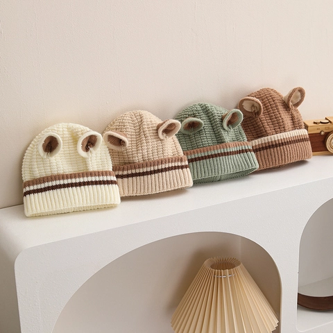 Baby Strickmütze Mit Süßen Bärenohren Und Gestreiftem Rand Winter Warme Acryl Waffelstrick Kappe Für Kleinkinder