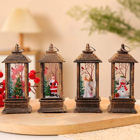 Retro Christmas LED Lantern Decorative Light Vintage Bronze Hanging Tabletop Ornament Santa Snowman Tree Angel Holiday Decor