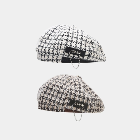 Berretto Donna Retrò Pied De Poule Tweed Cotone Stile Britannico Cappello Pittore Catena Metallo Patch Pelle Autunno Inverno